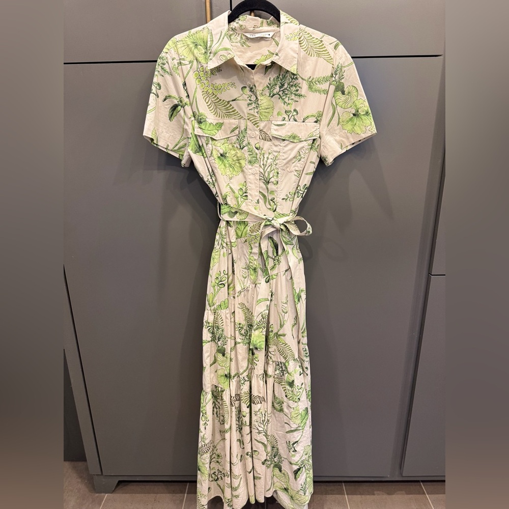 ZARA Botanical Print Belted Maxi Shirt Dress Green Floral Safari Style Size XL - Picture 2 of 5